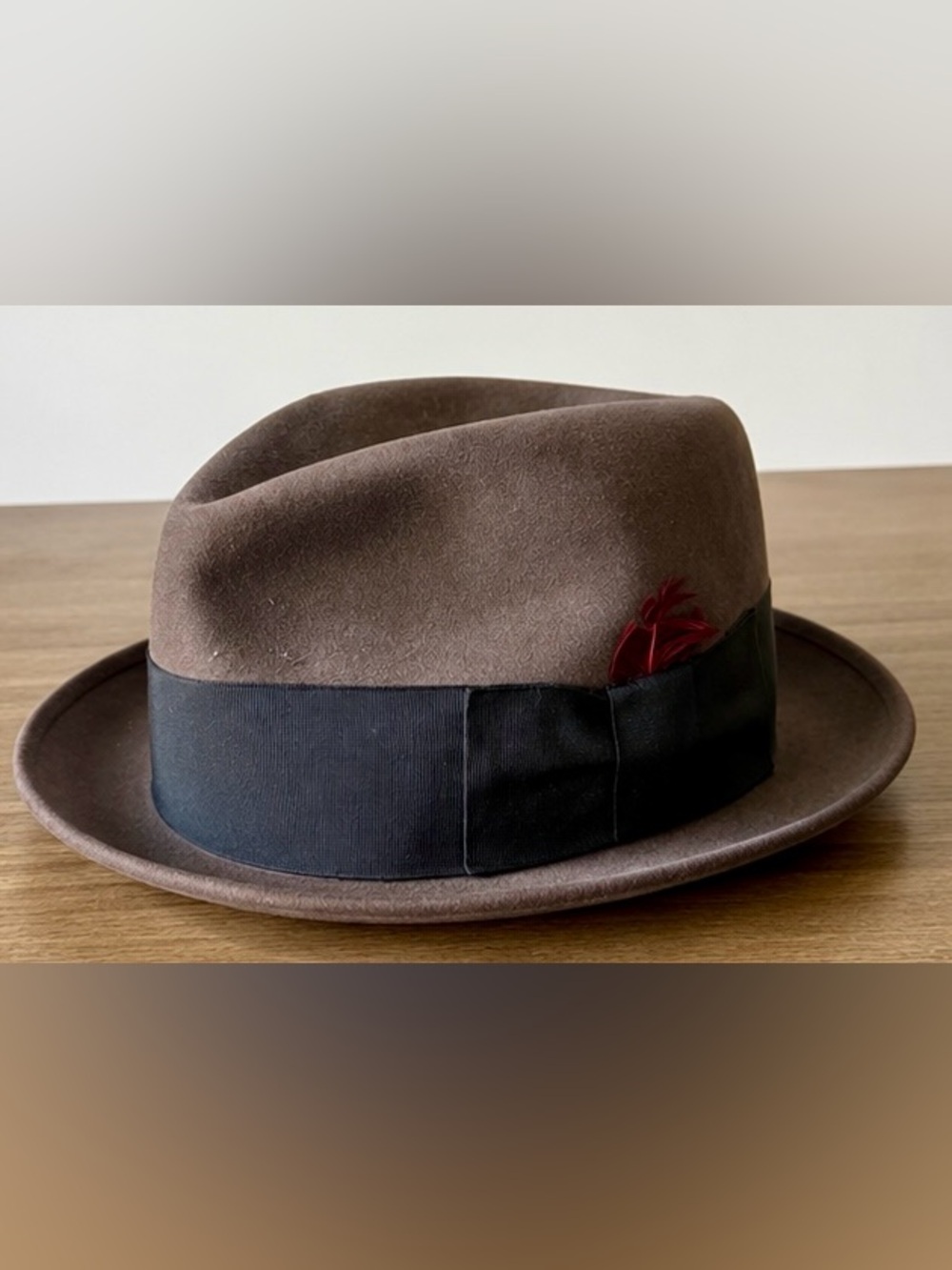 1950s Templeform by Stylepark H&S Brown Felt Fedora Hat Black Band Red Feather